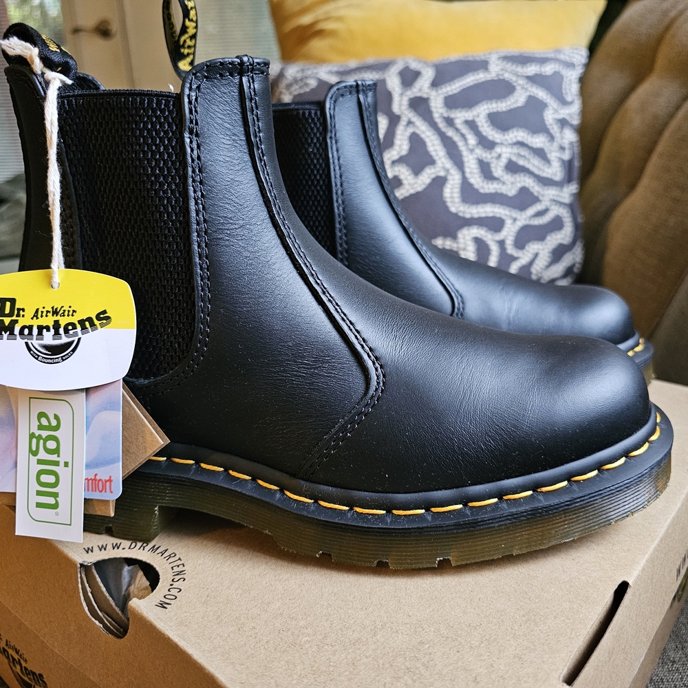 Dr. Martens Slip Resistant Black Chelsea Boots with Yellow Stitching
